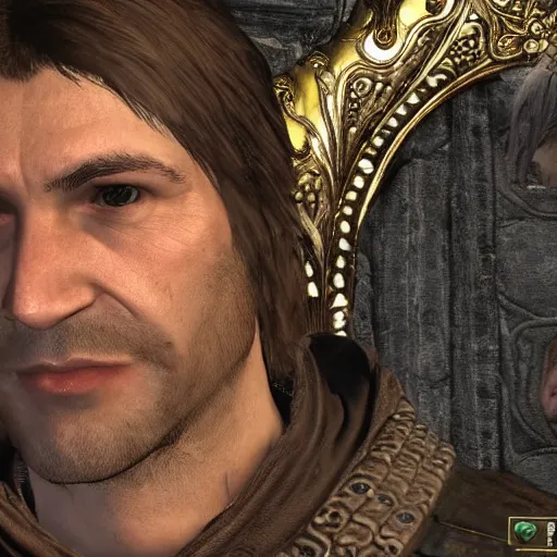 Prompt: kevin hearts face on a character in skyrim, full body image, highly ornate intricate details,