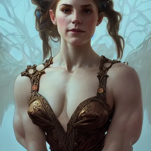 Image similar to portrait of a emma watsonj, muscular, upper body,big chest, D&D, fantasy, intricate, elegant, highly detailed, digital painting, artstation, concept art, matte, sharp focus, illustration, art by Artgerm and Greg Rutkowski and Alphonse Mucha