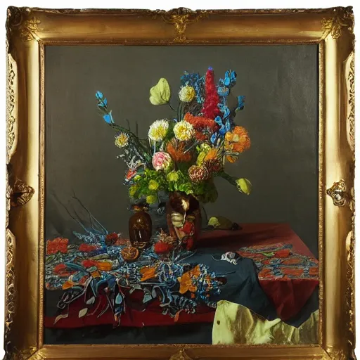 Prompt: still life of wildflowers and cyborg body parts, on a table with an ornate patterned tablecloth, beautiful painting by lucien levy - dhurmer, moody lighting