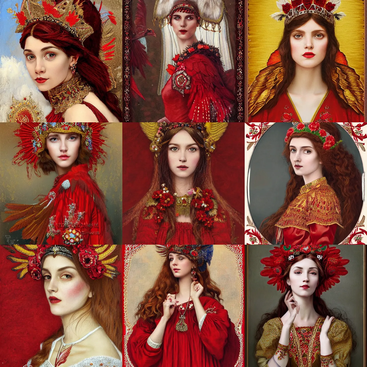 Image similar to the brown - haired lady with red wings, in red embroidery short ukrainian national costume, filigree crown with textile embroidery flowers, ukrainian heroine with red crow, pre - raphaelite beautiful, playful smile, detailed portrait, intricate complexity, acril painting the style of charlie bowater, tom bagshaw, alexis franklin, elena masci, pawel rebisz