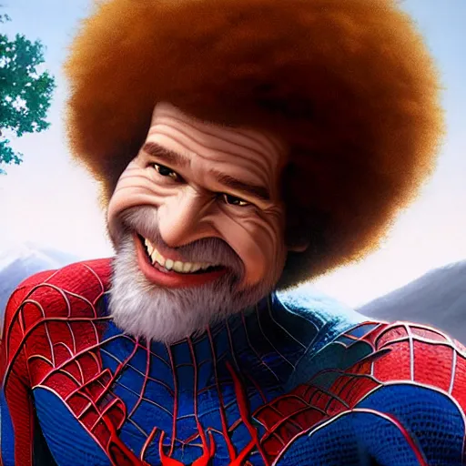 Image similar to a closeup photorealistic photograph of bob ross working on a canvas painting of spiderman. film still. brightly lit scene. mountains and trees. this 4 k hd image is trending on artstation, featured on behance, well - rendered, extra crisp, features intricate detail, epic composition and the style of unreal engine.