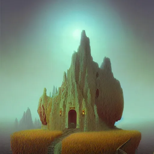 Image similar to enchanted temple landscape in the style of riven and myst by beksinski and rhads vivid color, highly detailed, mystical, digital painting, artstation, concept art, matte, sharp focus.