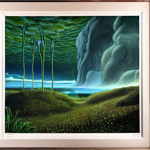 Image similar to artistic digital artwork of a lush natural scene on an alien planet. beautiful landscape by lurid ( 2 0 2 2 ), michael whelan and remedios varo. weird vegetation. cliffs and water. grainy and rough. interesting pastel colour palette. beautiful light. oil and water colour based on high quality render.