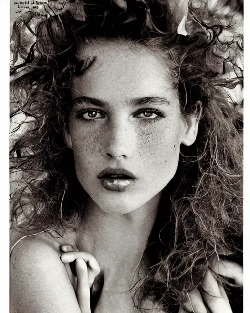 Prompt: a beautiful professional photograph by herb ritts, arthur elgort and ellen von unwerth for vogue and harper's bazaar magazines of a very beautiful lightly freckled and unusually attractive female fashion model