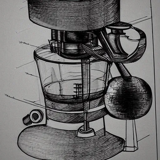 Image similar to various sketches of a futuristic coffee grinder in the style of leonardo da vinci, ultra detailed, scribbles, technical drawing, engineering blueprints