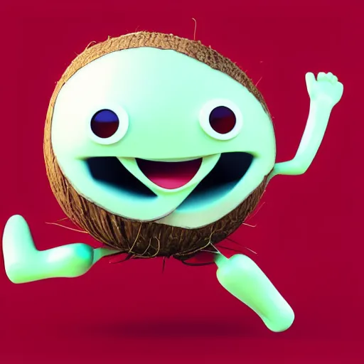 Image similar to The friendly coconut character with a face arms and legs jumps for joy! Action photo. Highly stylized. Anime.