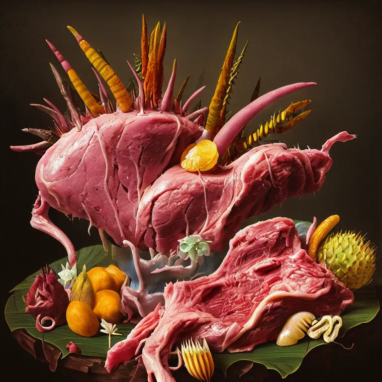 Image similar to still life of beautiful pastel tropical alien flowers, tropical fruit, human spine, rotten meat flesh with colorful mold, muscle tissue, spikes, baroque painting, beautiful detailed intricate insanely detailed octane render, 8K artistic photography, photorealistic, chiaroscuro, Raphael, Caravaggio