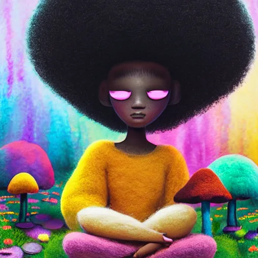 Prompt: a black girl with a colorful afro and big beautiful eyes meditating in a mushroom zen garden, bokeh, bright colors, synthwave, watercolor, volumetric wool felting, macro photography, children illustration, by goro fujita