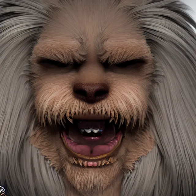 Image similar to perfectly centered close up portrait of happy hairy monster, candid photography, by anne stokes, highly detailed, unreal engine 5