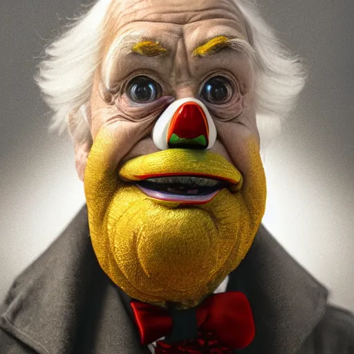 Image similar to hyperrealistic mixed media image of Scrooge McDuck duck face, stunning 3d render inspired art by István Sándorfi and Greg Rutkowski, perfect facial symmetry, realistic, highly detailed attributes and atmosphere, dim volumetric cinematic lighting, 8k octane extremely hyper-detailed render, post-processing, masterpiece,