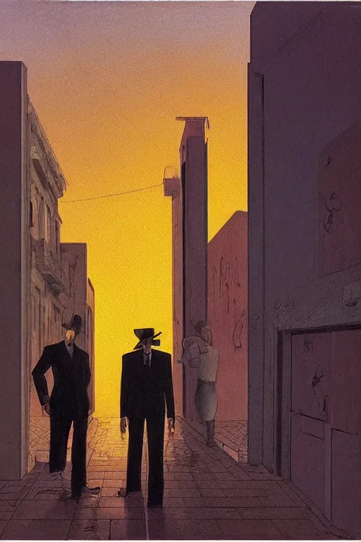 Prompt: eerie tel aviv street mystery at dusk, film noire scene. by moebius, giorgio de chirico, edward hopper