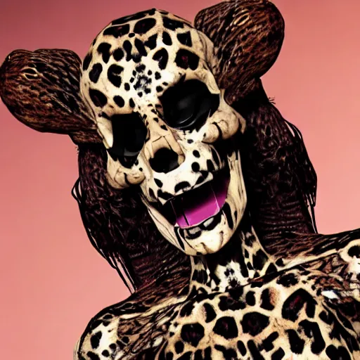 Prompt: Skull that look too much like skull!, an 8k CG character rendering of a spider-like hunting female on its back, fangs extended, wearing a leopard-patterned dress, set against a white background, with textured hair and skin.