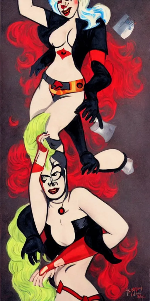 Prompt: pinup illustration of lady gaga as harley quinn, by enoch bolles