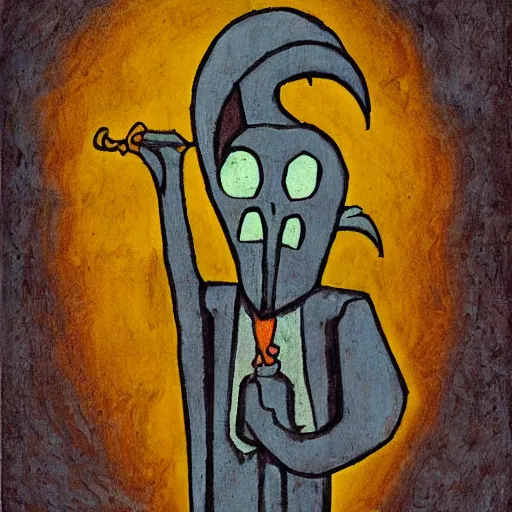 Prompt: squidward as a dark souls boss by rufino tamayo