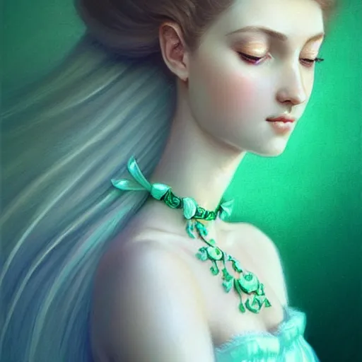 Image similar to Portrait of dreamy and ethereal women with light green eyes wearing mint green ornate frilly dress, peaceful expression, fantasy, intricate, elegant, beautiful, digital art, beautiful dynamic lighting, golden ratio, highly detailed, digital painting, trending on artstation, concept art, smooth, sharp focus, illustration, photo realistic, art by artgerm and greg rutkowski and alphonse mucha 8K