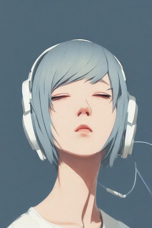 Image similar to a cute young woman listening to music with her eyes closed and wearing headphones in the style of Ilya Kuvshinov and Range Murata, white bob cut hair, blue filter, blue and white, soft lighting, cinematic, moody, oil on canvas by Krenz Cushart, 8k