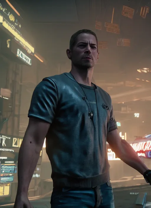 Prompt: film still of Paul Walker as Kerry Eurodyne in Cyberpunk 2077, gameplay, 8k, HD