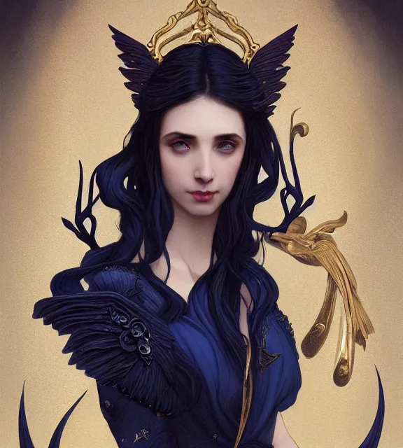 Image similar to god of death, young male, in the underworld, elegant dark blue dress, very detailed, throne, very intricate details, jewelry, gold eyeshadow, elaborate long black hairstyle, wings, cinematic, artstation, william bouguereau, alphonse mucha, greg rutkowski, rossdraws, octane render