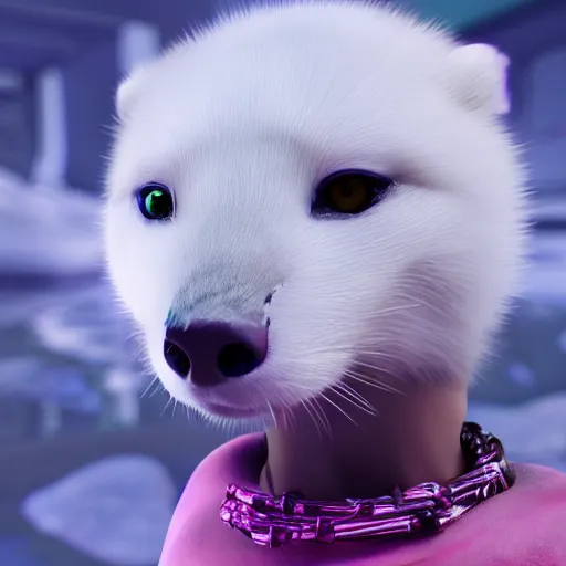 Image similar to white mink with necklace of pink bacteria, unreal engine, staring at camera, matte background, high symmetry, 8k