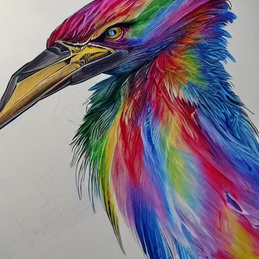 Image similar to picture of long spear made of multicoloured feathered wings, prismatic, full detailed drawing, hyperrealism, full weapon drawing, magic the gathering, white background