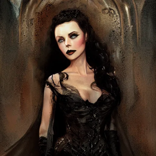 Prompt: closeup portrait of a young and beautiful vivian leigh in gothic clothing, dramatic light, gorgeous view, depth, high detail, digital art, painted by greg rutkowski and seb mckinnon, by tim burton, trending on artstation