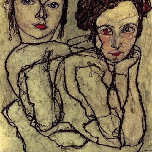 Prompt: 2 girls sketch by egon schiele