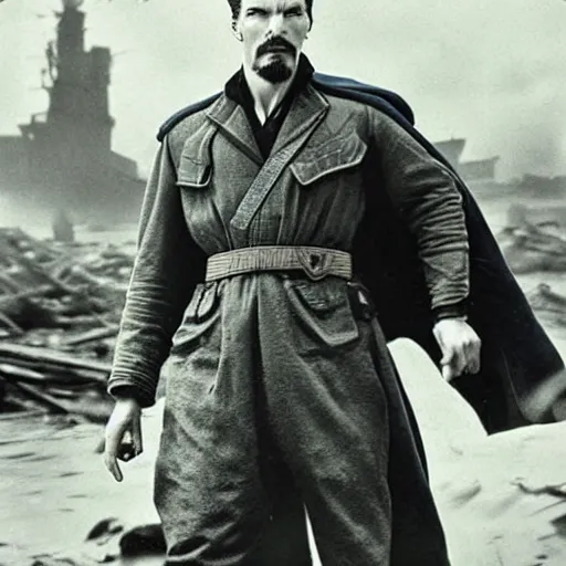 Image similar to Doctor Strange as an American soldier on D Day, epic, WWII, 1940s photo, cinematic, highly detailed, gritty, combat, sharp focus, closeup