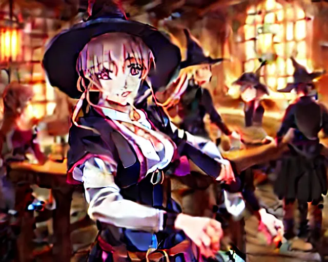 Image similar to key anime visual portrait of a young female witch in a tavern interior defending a companion, dynamic pose, dynamic perspective, cinematic, dramatic lighting.