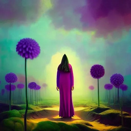 Image similar to portrait, giant purple dahlia flower head, woman in oasis, surreal photography, sunrise, blue sky, dramatic light, impressionist painting, digital painting, artstation, simon stalenhag