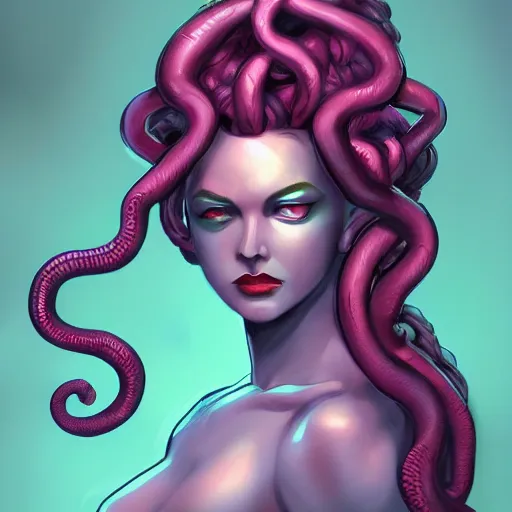 Prompt: medusa painting, comic style, seductive, dynamic lighting, artstation, detailed, blurred background