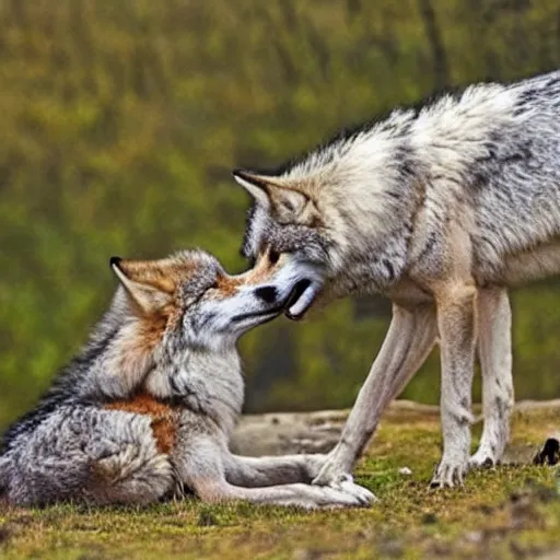 Prompt: wolf and fox kissing