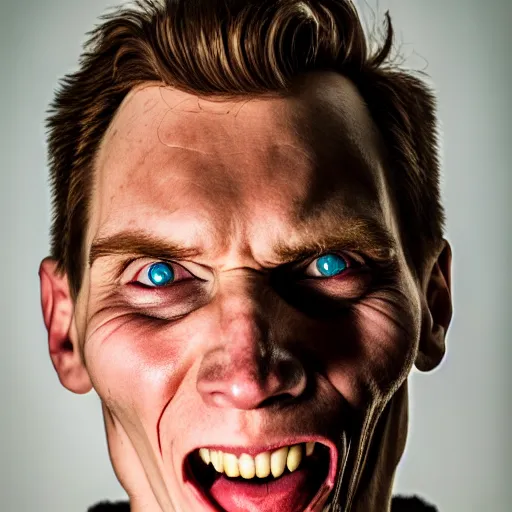 Image similar to Jerma985 with a wide smile, sinister looking, evil intent, horror, uncanny, detailed, high resolution, sharpened, close-up, professional photography