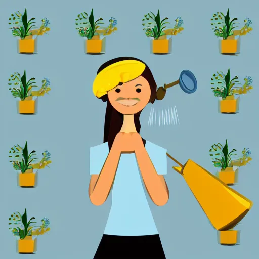 Image similar to a woman holding a watering can on top of a light blue flower, flat design, flat colors, illustration