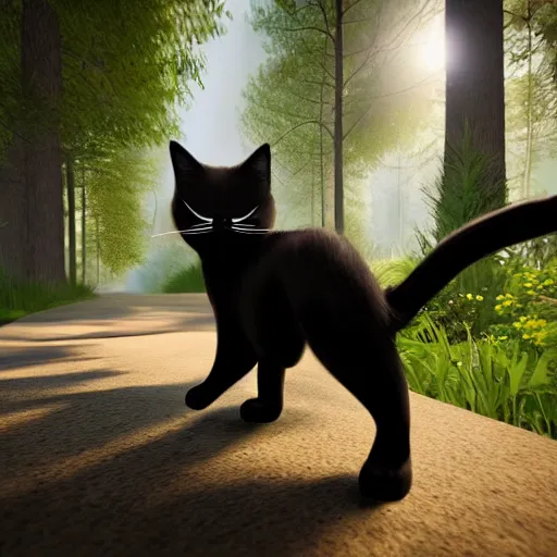 Image similar to of black cat walking in the woods in unreal engine style