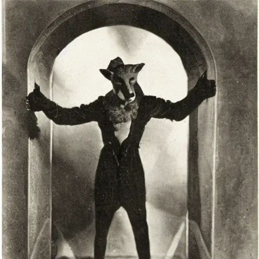 Prompt: anthropomorphic fox man alchemist, 1910s film still