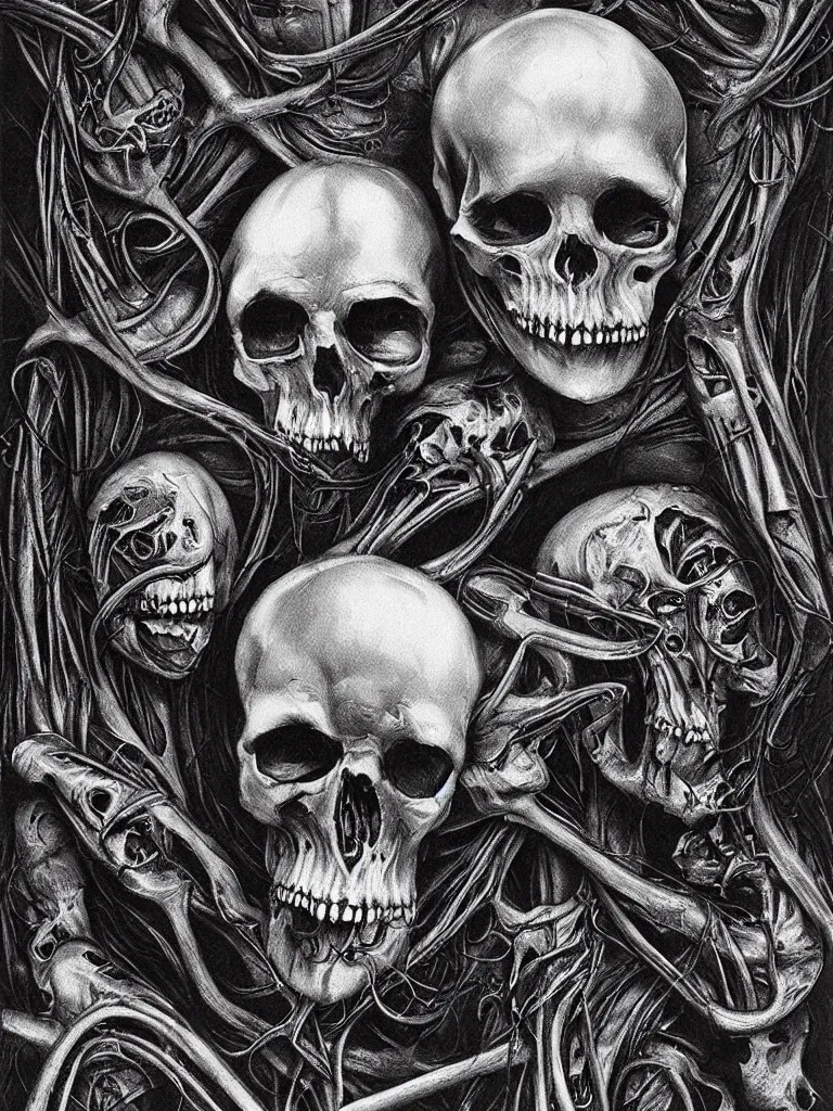 Image similar to Hyper-realistic black and white Valentine's Day card made of big skulls and big bones by H.R. Giger