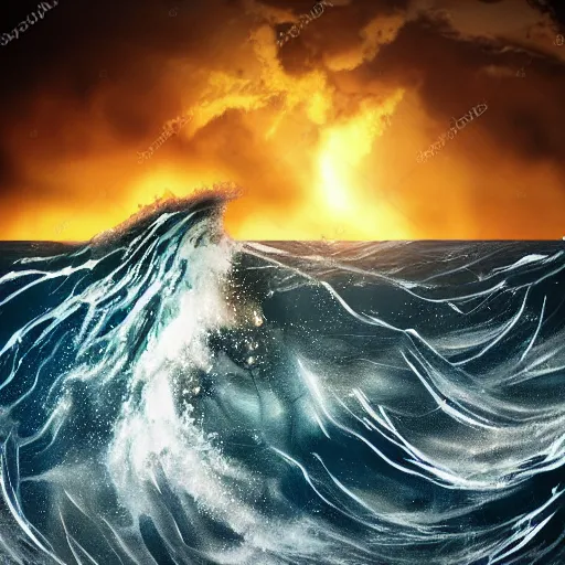 Image similar to tsunami wave in the middle of stormy ocean, photorealistic, cinematic