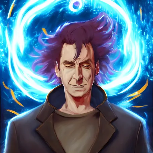 Image similar to portrait of saul goodman wielding the element of storm magecraft, wind, anime fantasy illustration by tomoyuki yamasaki, kyoto studio, madhouse, ufotable, trending on artstation