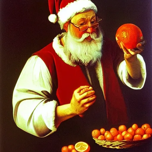 Prompt: Father Christmas eating oranges Painted by Caravaggio