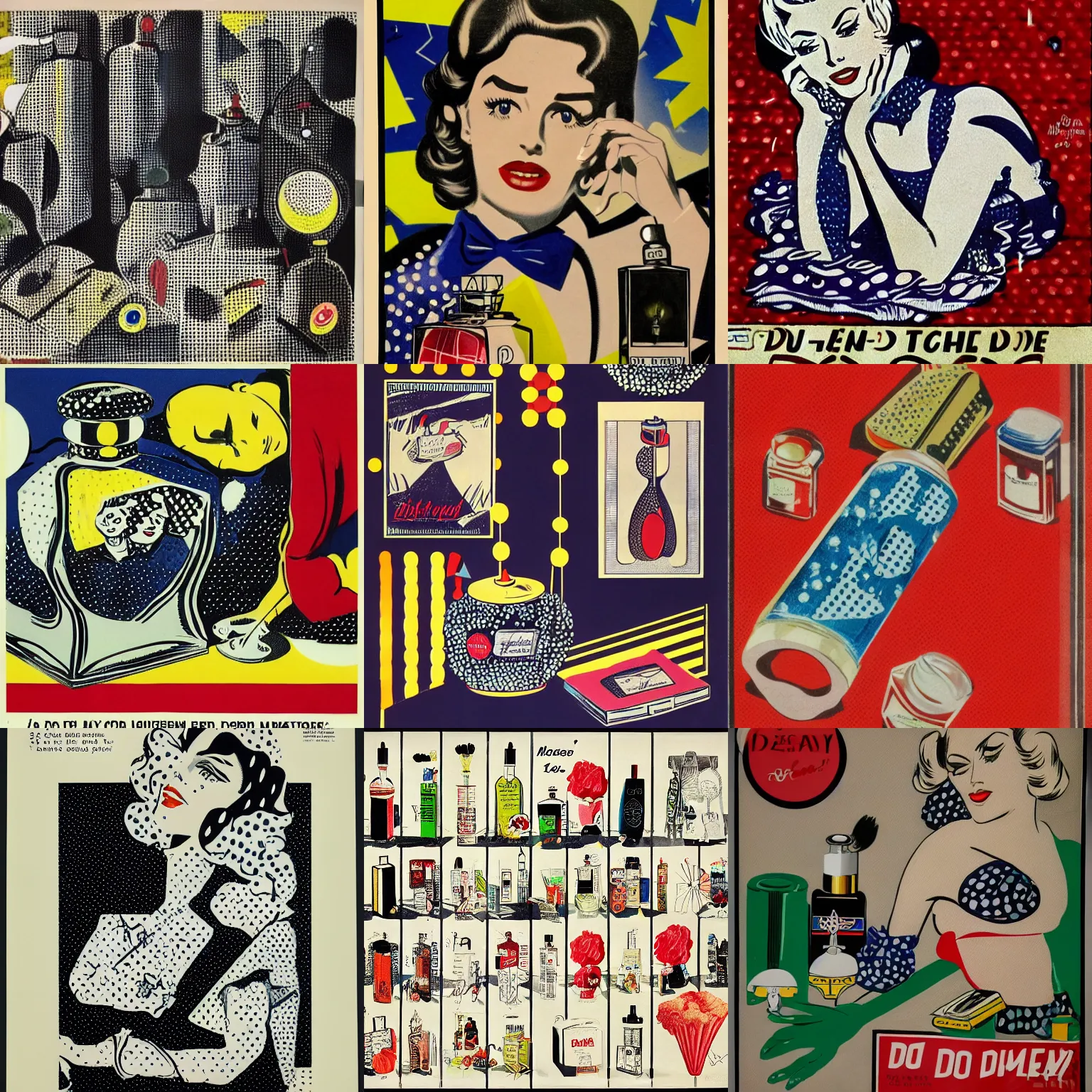 Prompt: 1 9 5 0 s century perfume bottle ads, dot art on paper, ben - day, art du monde, roy lichtenstein, pop art, epic, masterpiece, extremely detailed, 8 k