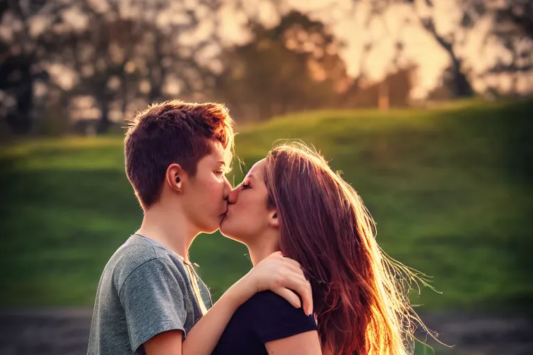 Image similar to girl kiss man, poster, ultra realistic!!!, hdr, clear weather, golden hour, sharp focus