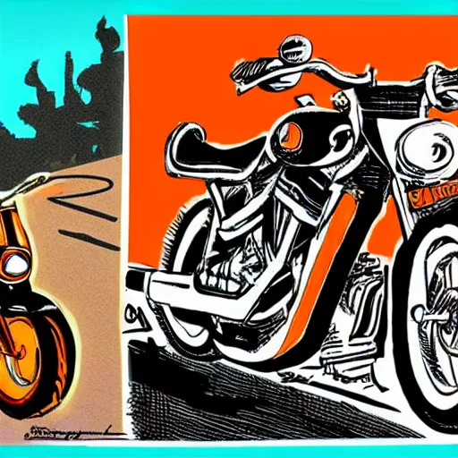 Image similar to a cartoon donkey, riding a harley - davidson motorcycle, orange and black, in the style of ed roth