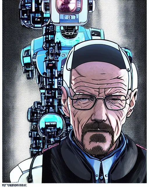 Image similar to portrait of walter white as a robot, cybernetic enhancements, art by makoto shinkai and alan bean, yukito kishiro