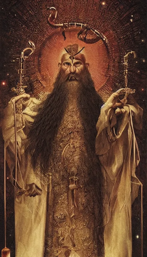 Image similar to the emperor, ram horns, taurus, mars energy, scepter in his hand, ankh, wisdom, long white beard, agostino arrivabene