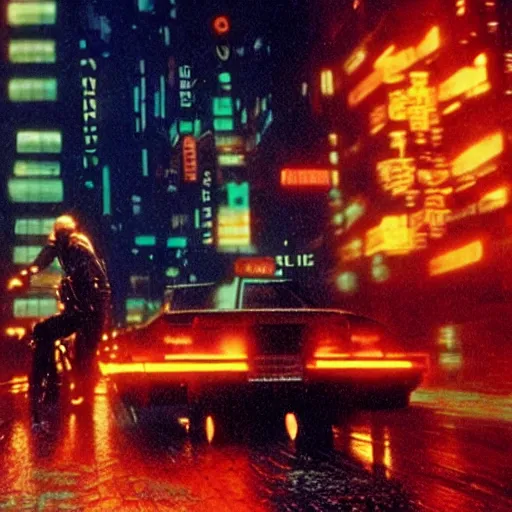 Prompt: action shot of Deckard from Blade Runner (1982) riding a bicycle neon cityscape cyberpunk rain night crowded streets