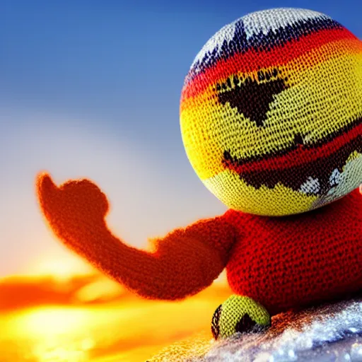 Image similar to a closeup photorealistic photograph of a cute smiling knitted tiger hippopotamus chasing a beachball at sunset. surf in the background. professional capture. this 4 k hd image is trending on artstation, featured on behance, well - rendered, extra crisp, features intricate detail, epic composition and the style of unreal engine.