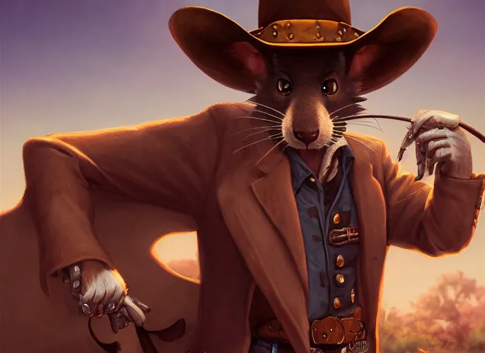 Image similar to character portrait feature of the anthro male anthropomorphic rat fursona wearing cowboy outfit wild west desperado sitting in an old monte carlo, a man whose heart is hollow, character design stylized by charlie bowater, ross tran, artgerm, makoto shinkai, detailed, soft lighting, rendered in octane