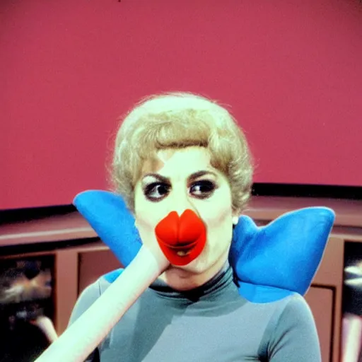 Image similar to 1983 woman on a talk show show with a long prosthetic snout nose, big nostrils, wearing a dress, 1983 French film color archival footage color film 16mm Fellini Almodovar John Waters Russ Meyer movie still