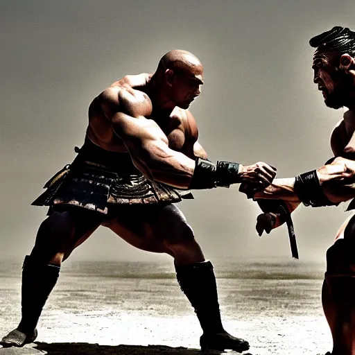 Image similar to Samurai John Cena vs samurai the rock , a film still