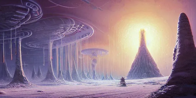 Image similar to painting artic snow covered alien mushroomlabyrinth consuming futuristic mega city from blade in the style of nebulapunk by tomasz alen kopera and daniel lieske with futuristic castle by simon stahlenhag